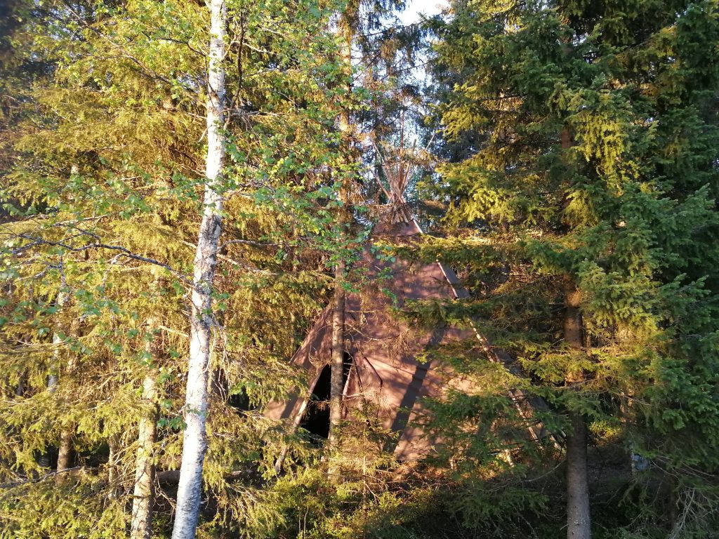 Vihreä kangaskota maastoutuu kuusivoittoiseen metsään. Isossa kodassa onnistuu suurenkin ryhmän kotaruokailu.